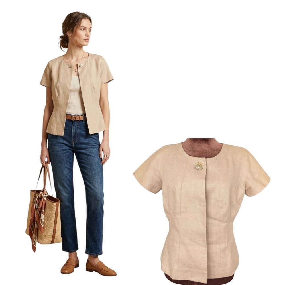 PLANET 💯 Linen  Beige Shirt Sleeve Collarless Blazer Size 6